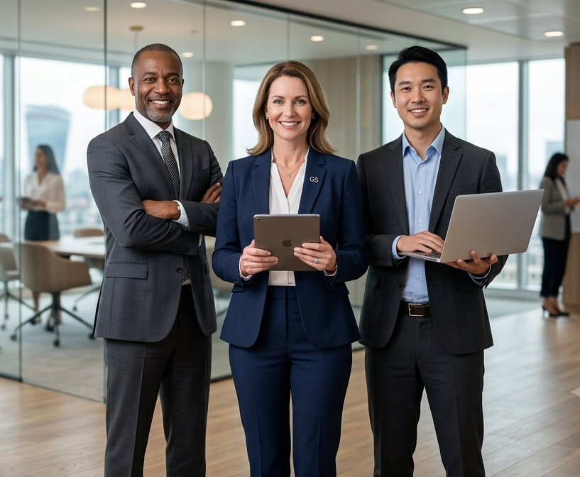 HR team collaborating around a laptop in a modern office